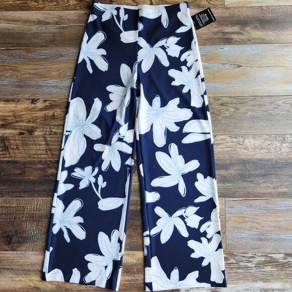 NEW Boston Proper Beyond Travel Floral Jersey Wide Leg Pant Elastic Waist Blue